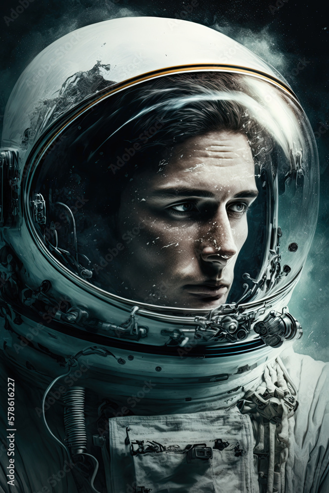 fantastic portrait of a male astronaut in a modern helmet and spacesuit. Generative AI