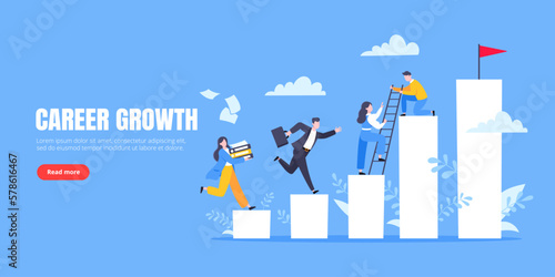 Business mentor helps to improve career and holding stairs steps vector illustration. Mentorship, upskills, climb help and self development strategy flat style design business concept.