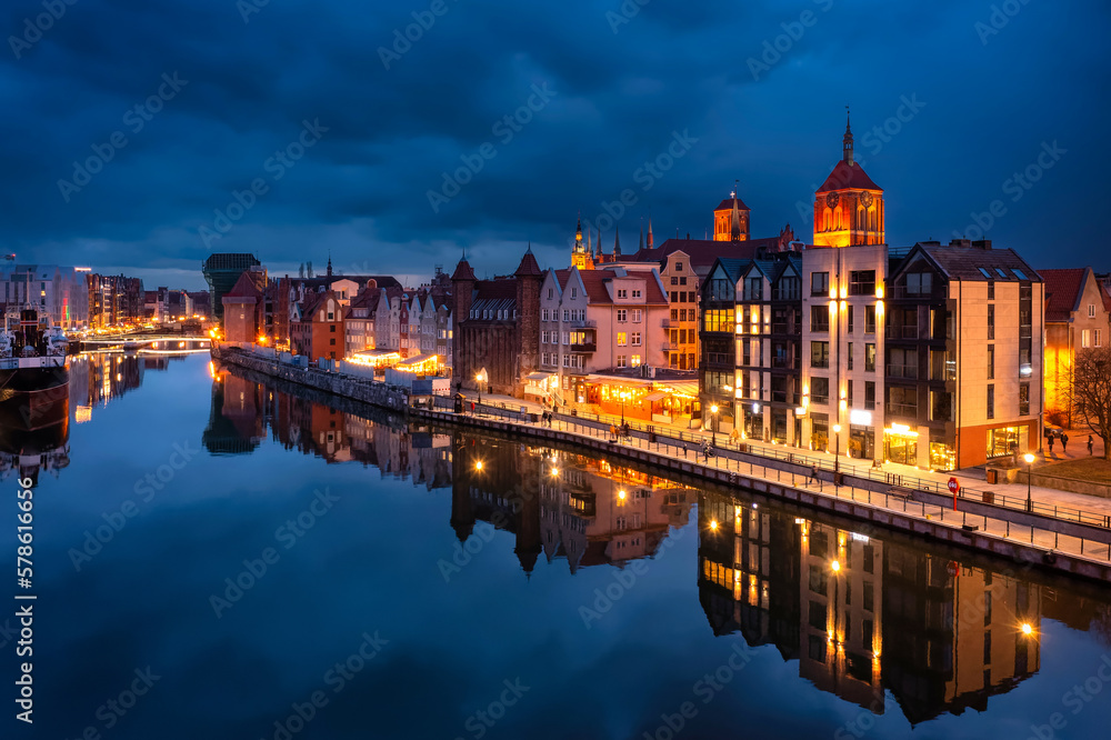 Old town in Gdansk by the Motlawa river at dusk, Poland.