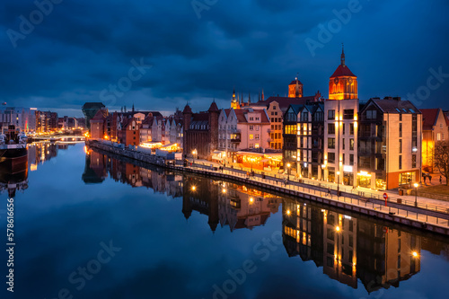 Old town in Gdansk by the Motlawa river at dusk, Poland.