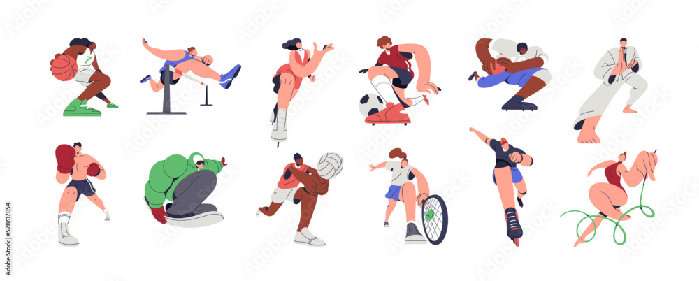 Athletes and sports set. Professional football, basketball, tennis, soccer, rugby players, boxing, gymnastics, karate, track and field sportsmen. Flat vector illustrations isolated on white background - obrazy, fototapety, plakaty 