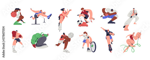 Athletes and sports set. Professional football, basketball, tennis, soccer, rugby players, boxing, gymnastics, karate, track and field sportsmen. Flat vector illustrations isolated on white background