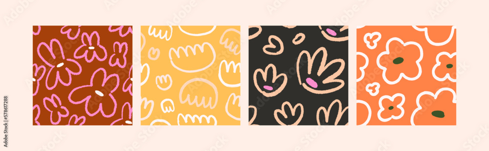 Obraz premium Seamless doodle patterns with flowers, abstract shapes set. Repeating prints, endless backgrounds. Naive floral textures designs for textile, fabric. Printable trendy flat vector illustrations