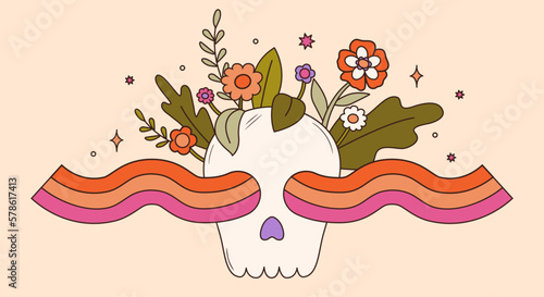 Colorful groovy skull with flowers and rainbow waves in 70s and 60s style. Vintage hippie illustration. Psychedelic seventies art. Vector graphic design.