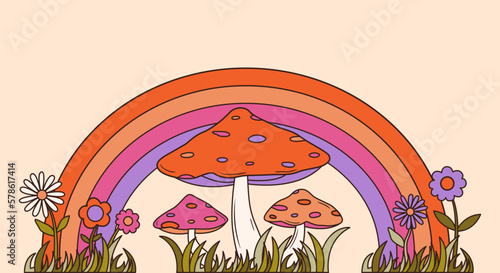 Colorful groovy rainbow and mushrooms illustration in 70s and 60s style. Vintage hippie landscape. Psychedelic seventies nature background. Vector graphic design.
