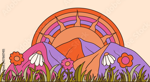 Colorful groovy mountains and rainbow illustration in 70s and 60s style. Vintage hippie landscape. Psychedelic seventies nature background. Vector graphic design.