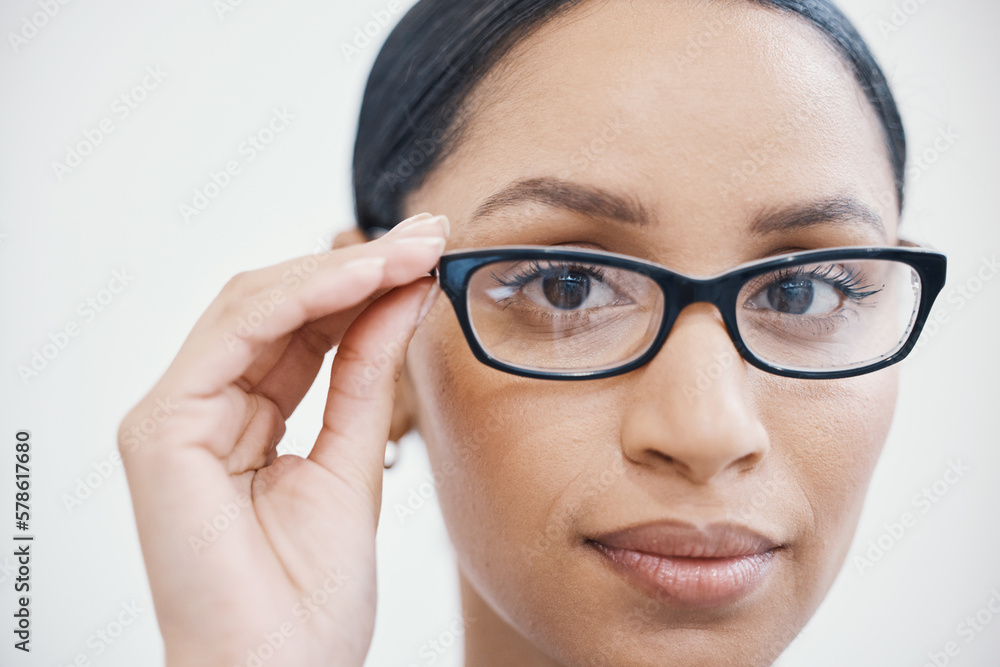 Customer, portrait or glasses in eyes, healthcare wellness or optometry help at retail store, shop or medical clinic. Zoom, face or woman hands and eyewear, prescription lens or designer vision frame Customer, portrait or glasses in eyes, healthcare wellness or optometry help at retail store, shop or medical clinic. Zoom, face or woman hands and eyewear, prescription lens or designer vision frame