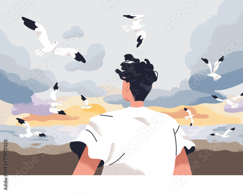 Person in nature, looking at sea, sky horizon, clouds in wind weather. Landscape with man back standing alone at seacoast, watching seagulls. Psychology concept, melancholy. Flat vector illustration
