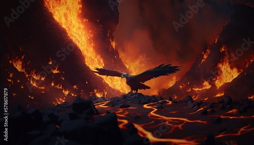 Phoenix bird in the fire of a volcano eruption rising from the ashes. Generative AI
