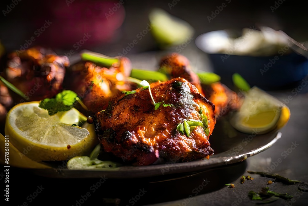 Grilled chicken tandoori with vegetables. Closeup food photo. Generative AI Grilled chicken tandoori with vegetables. Closeup food photo. Generative AI