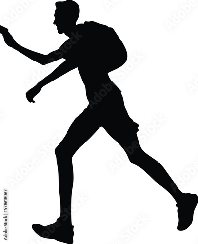 male runner running with backpack, taking selfies in smartphone, black silhouette on white background, vector illustration 