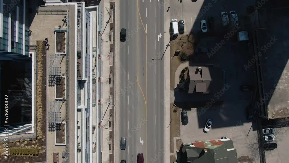 Top-down aerial view of an intersection of apartments with cars in Mississauga. Top-down aerial view of an intersection of apartments with cars in Mississauga.