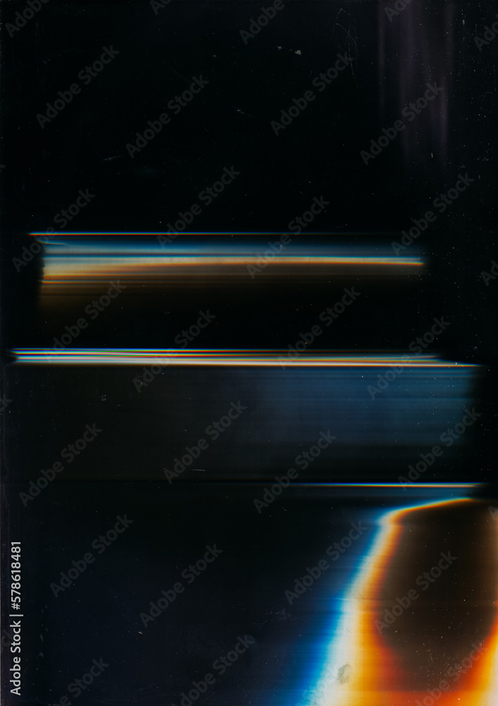 Obraz premium Old film. Glitch noise. Worn texture. Blue orange rainbow color light flare defect dust scratches on dark black abstract illustration background.