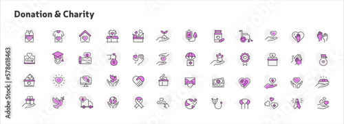 Charity and Donations Icon Set, Giving and Philanthropy, Non-Profit, and Charity Icon Collection, Humanitarian Aid Icon Pack, Charitable Giving and Fundraising, vector line icons with editable stroke.