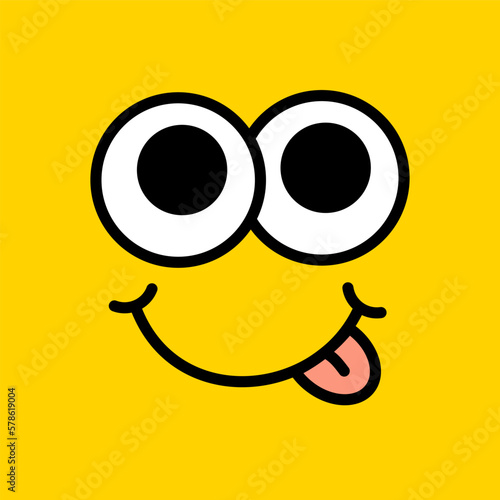 Yum cartoon face with tongue lick mouth. Trendy Printable graphic tee. Yummy Design doodle face for print. Vector illustration. Colorful. Retro cartoon 70s style. Yellow Black and white