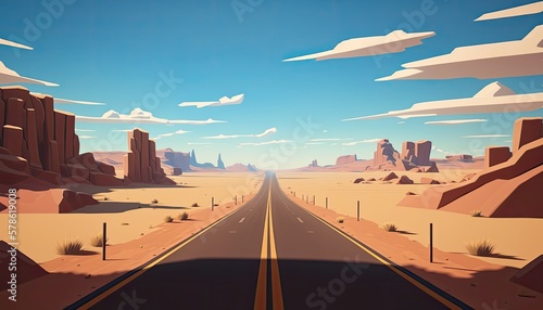 Children's book cartoon 2d fhighway in the middle of a desert. Generative AI