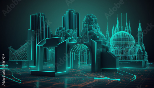 3d rendering  abstract virtual reality green background  cyber space landscape with unreal buildings. Neon wireframe terrain circuit board style