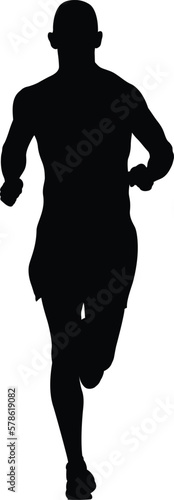 black silhouette athlete runner running marathon race, outline on white background, sports vector illustration