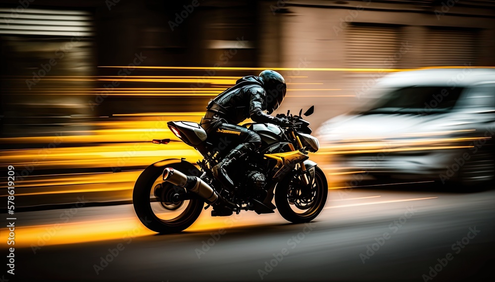 Fast moving extreme athlete sport motorcycle bike racing in a city. Generative AI