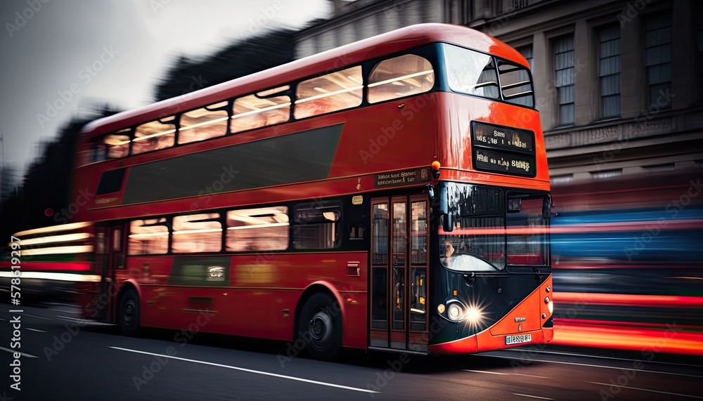 Fast moving london red bus driving through the city with motion blur. Generative AI - obrazy, fototapety, plakaty 