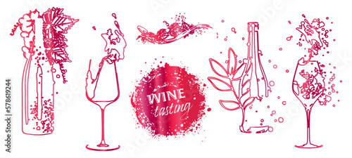 Wine tasting - hand drawn line art of wine, bottles and glasses. Art for menu, shop, market or sale. Wine bottles with wine stains. Sketchy collection of grape leaves and different wine elements.