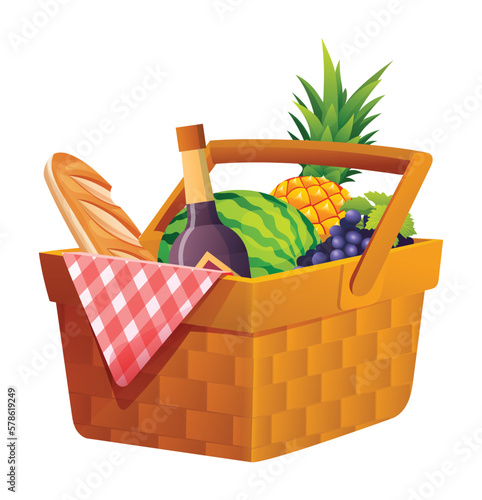 Wicker picnic basket with food and drink cartoon illustration