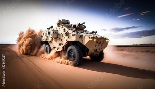 Fast moving military vehicle on the duty in a desert. Generative AI