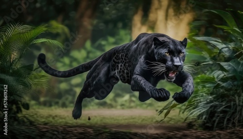 Angry panther in the jungle during a jump while hunting its prey. Generative AI photo
