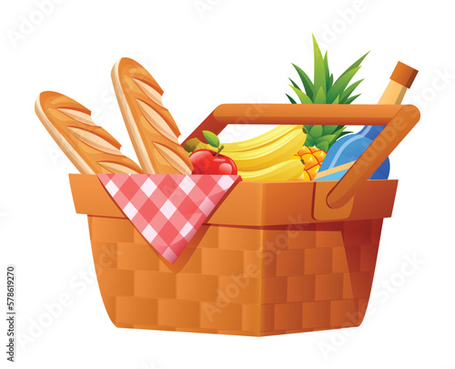 Wicker picnic basket with blanket full of products vector illustration