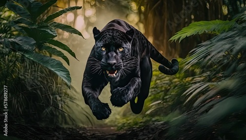 Angry panther in the jungle during a jump while hunting its prey. Generative AI
