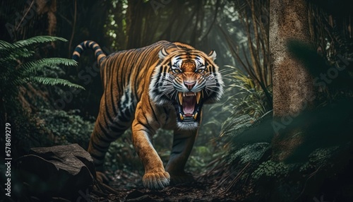 Angry tiger in the jungle in action while hunting its prey. Generative AI