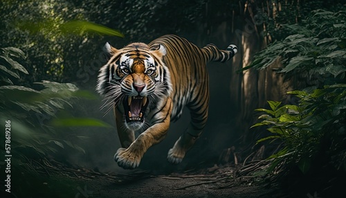 Angry tiger in the jungle in action while hunting its prey. Generative AI