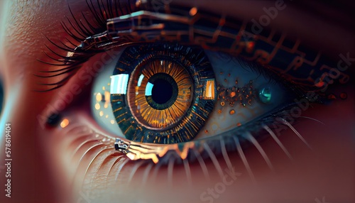 Female cyberpunk eye microchip implant in the iris. Generative AI