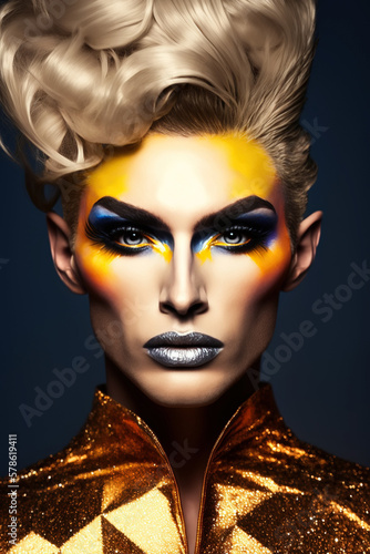 portrait of drag queen-style male transvestite with makeup in a woman's dress. Generative AI