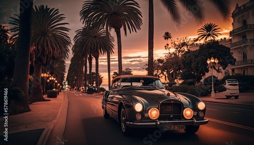 French Riviera retro luxury car riding down the road. Generative AI © Generative Professor
