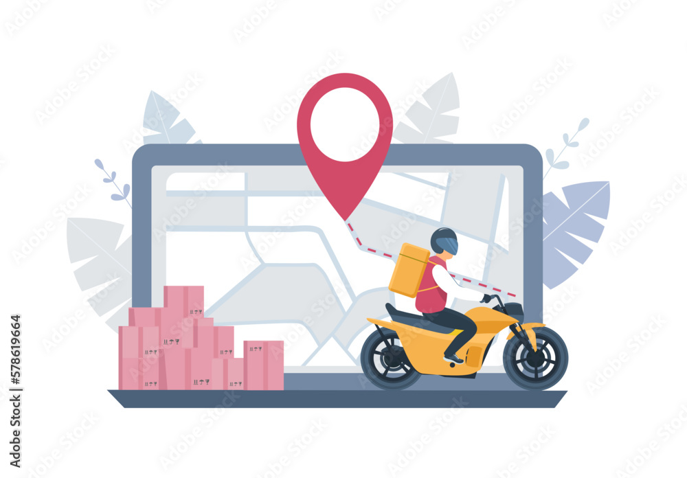 Delivery service concept. Computer, map, boxes and courier on a motorbike. Vector illustration.