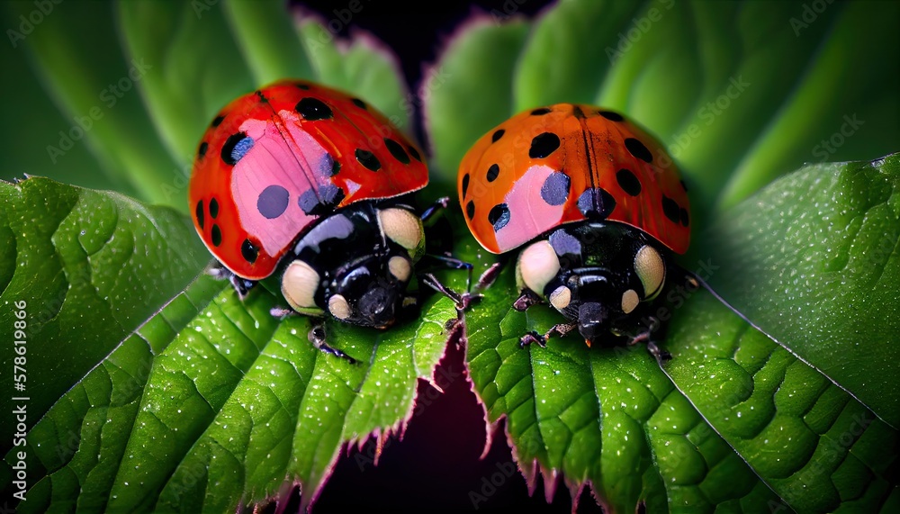 Obraz premium Ladybugs on a leaf. Generative AI