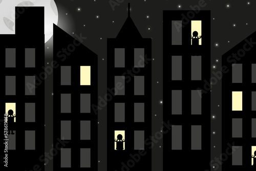 Night city against nighty sky background with stars, moon and silhouette in the windows.