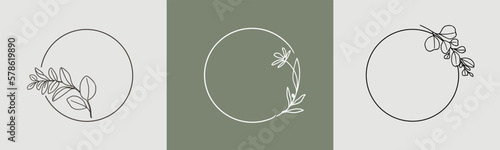 Frame set with floral wreath and monogram concept in minimal line style on green background. Vector floral logo with copy space for letter or text. Emblem for cosmetics, fashion, beauty, spa salon.