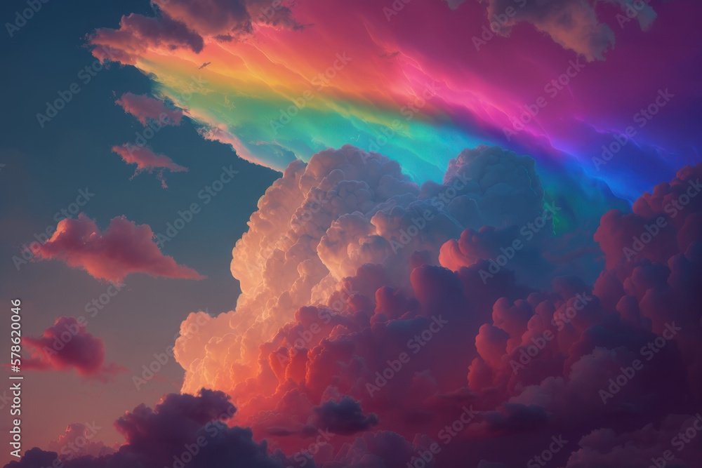 Pink clouds and rainbow. AI generative.