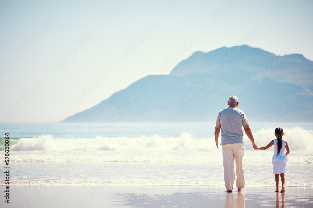 Holding hands, relax and grandfather with child at beach for holiday, bonding and vacation mockup. Affectionate, travel and happiness with old man and girl walking for summer break, fun and support