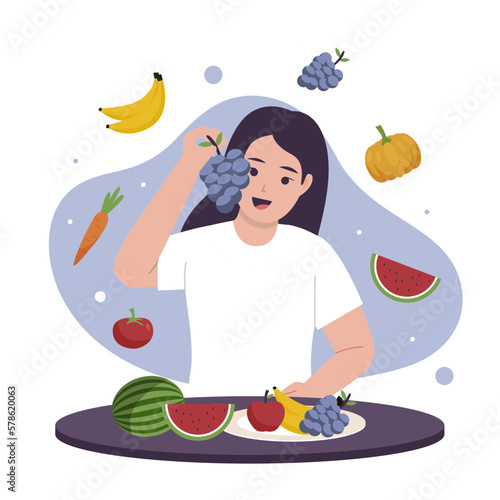 Vector concept of girls eat healthy food. Illustration for websites, landing pages, mobile apps, posters and banners. Trendy flat vector illustration