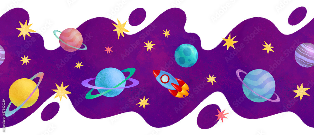 Cosmic wallpaper border. Seamless horizontal pattern. Planets, stars and rocket in the space. Cute childish illustration. Abstract wavy shape, isolated on white background. High resolution, 300 dpi Cosmic wallpaper border. Seamless horizontal pattern. Planets, stars and rocket in the space. Cute childish illustration. Abstract wavy shape, isolated on white background. High resolution, 300 dpi