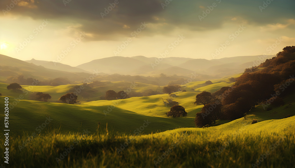 Beautiful green hills landscape image using generative ai
