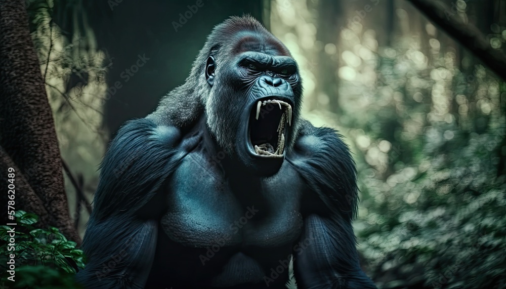 Screaming angry aggressive gorilla in a forest portrait. Generative AI
