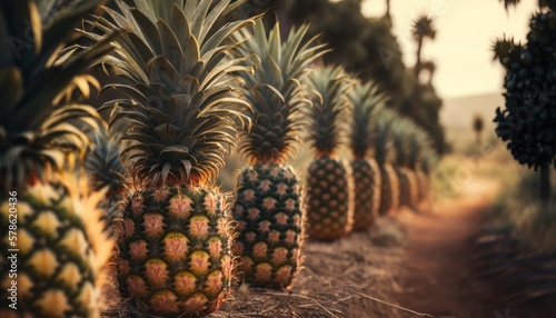 Pineapple growing from the ground. Pineapple plantations. Generative AI