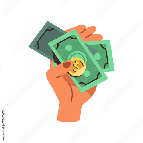 Hand holding cash, paying with money, finance. Currency, banknotes, dollar coin on palm. Financial concept, bank notes savings, wages, earnings. Flat vector illustration isolated on white background