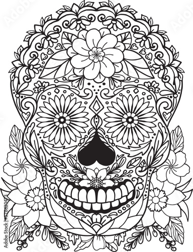 Sugar Skull flowers for Halloween or Day of the dead with flower elements. Hand drawn. Doodles art for greeting cards, invitation or poster. Coloring book for adult and kids.
