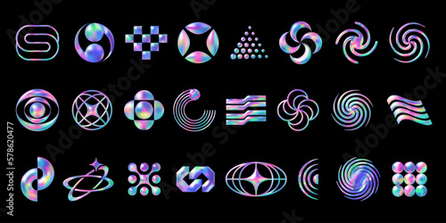 Collection of Y2K elements for design in futuristic style. Set of vector abstract geometric shapes with shiny holographic effect