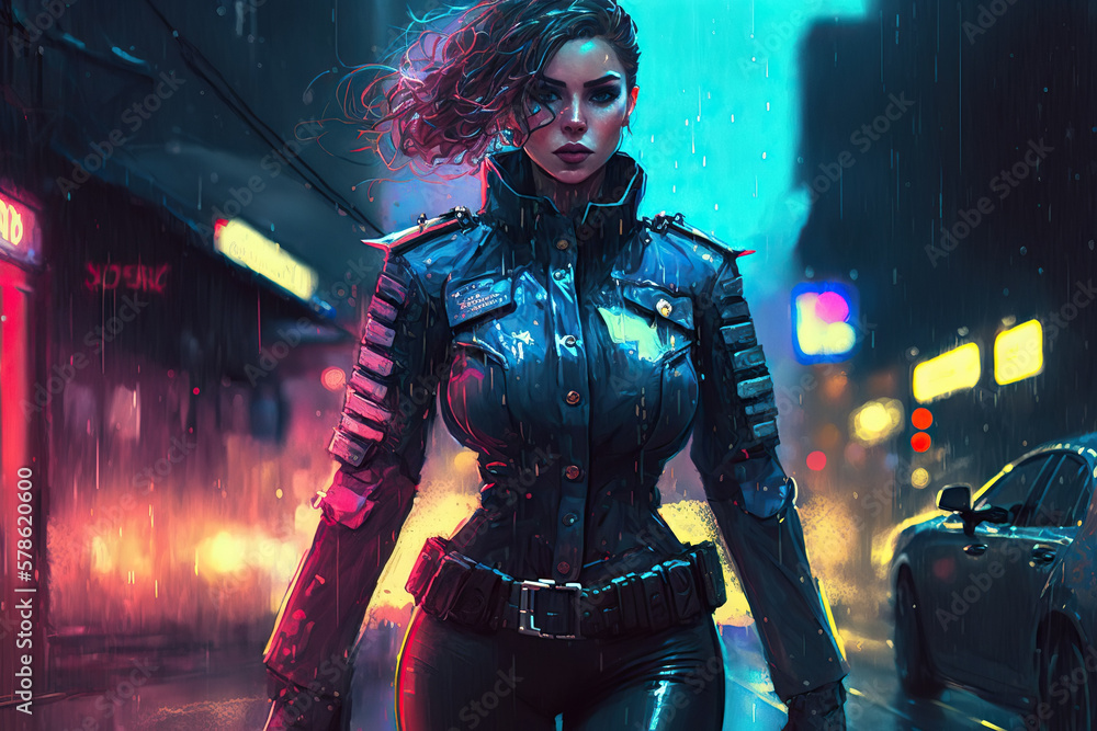 Naklejka premium sexy beautiful girl cop of future on street in cyberpunk style. Generative AI